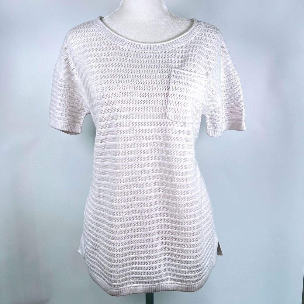 T by Talbots Womens White Textured Knit Short Sleeve‎ Pocket Sweater Top Small